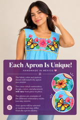 Handmade Mexican aprons: fabric color and pattern match the selection, but embroidery designs vary and are selected at random.