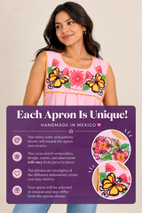 Handmade Mexican aprons: fabric color and pattern match the selection, but embroidery designs vary and are selected at random.