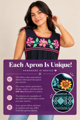 Handmade Mexican apron disclaimer explaining variations in cross-stitch embroidery designs, colors, placement, and random selection.