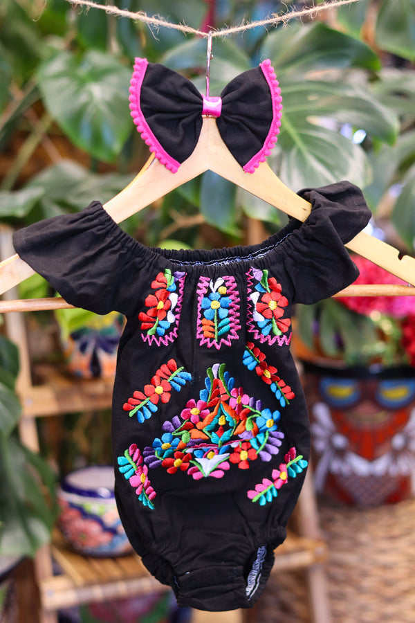 Handmade Mexican Embroidered Floral Baby Onesie – Black