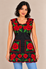 Model wearing a black Mexican embroidered apron with vibrant red floral designs, green leaves, scalloped edges, and two front pockets.
