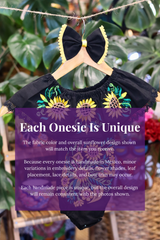 A black baby bodysuit with sunflower embroidery, hanging on a wooden hanger with a matching white bow headband. The background features lush green houseplant leaves, and a large purple text box overlays the lower half with information about customization.