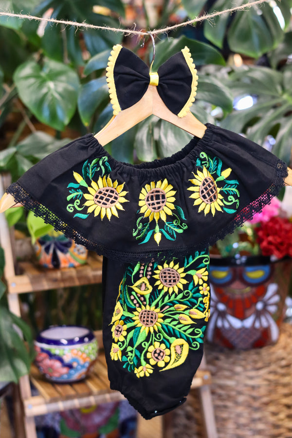 Handmade Mexican Embroidered Sunflower Baby Onesie – Black