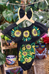 Handmade Mexican Embroidered Sunflower Baby Onesie – Black