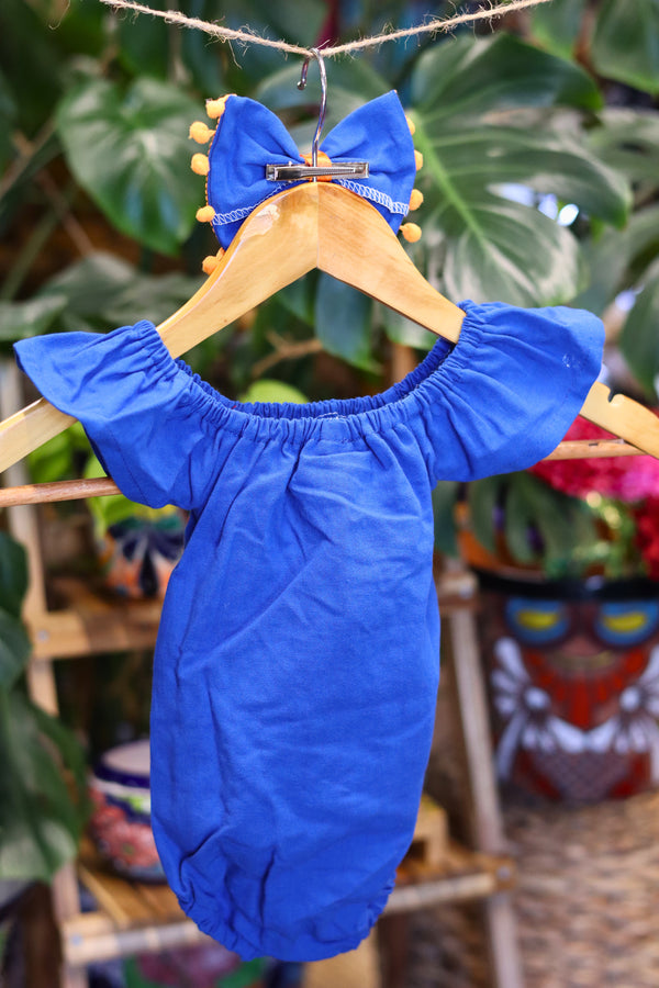 Handmade Mexican Embroidered Floral Baby Onesie – Blue