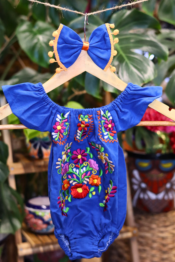 Handmade Mexican Embroidered Floral Baby Onesie – Blue