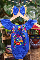 Handmade Mexican Embroidered Floral Baby Onesie – Blue