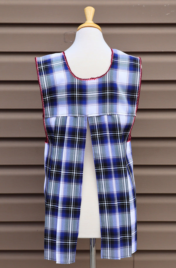 Back view of blue large-plaid Mexican apron showing the open-back design