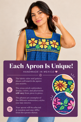 Handmade Mexican apron with blue plaid fabric and yellow floral embroidery, featuring a disclaimer about unique embroidery designs and variations.