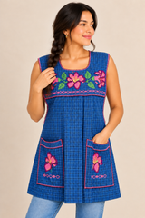 Woman modeling a handmade blue plaid Mexican apron with pink floral embroidery, front pockets, and traditional cross-stitch details.