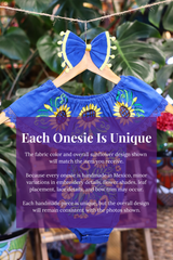 A blue baby bodysuit with sunflower embroidery, hanging on a wooden hanger with a matching white bow headband. The background features lush green houseplant leaves, and a large purple text box overlays the lower half with information about customization.