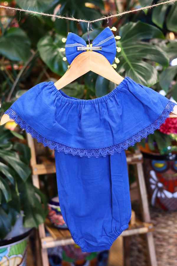Handmade Mexican Embroidered Sunflower Baby Onesie – Blue
