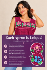 Informational graphic explaining that each handmade Mexican cross-stitch apron is unique and embroidery designs, colors, and placement may vary.