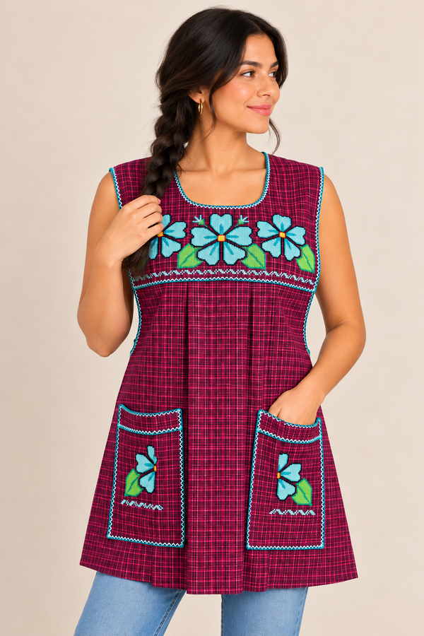 Model wearing a burgundy plaid Mexican apron with blue floral cross-stitch embroidery, two front pockets, and blue decorative trim.