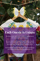 A cream baby bodysuit with sunflower embroidery, hanging on a wooden hanger with a matching white bow headband. The background features lush green houseplant leaves, and a large purple text box overlays the lower half with information about customization.