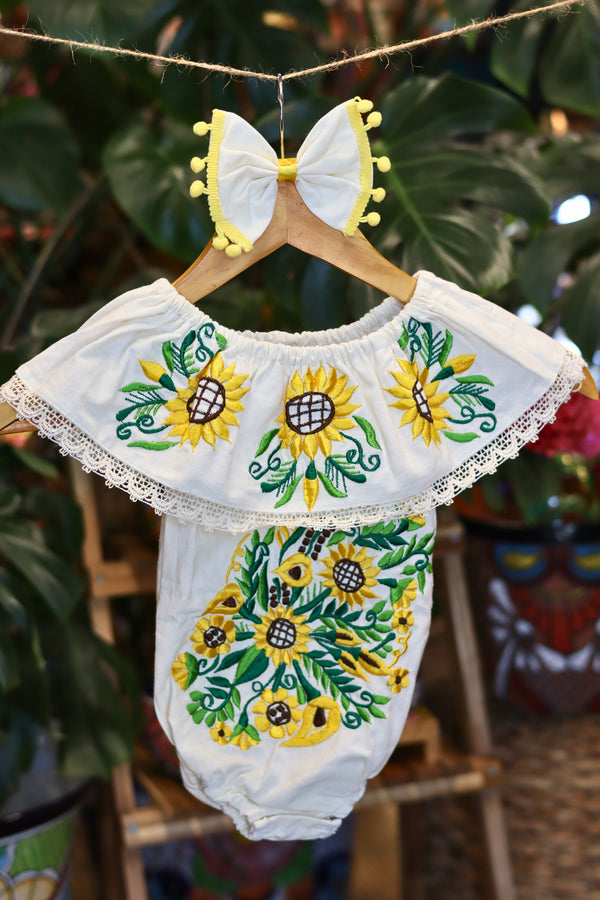 Handmade Mexican Embroidered Sunflower Baby Onesie – Cream