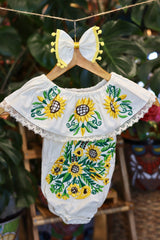 Handmade Mexican Embroidered Sunflower Baby Onesie – Cream
