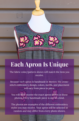 Gray plaid Mexican apron with colorful cross-stitch embroidery, front pockets, and a handmade variation disclaimer