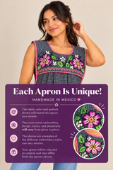 Handmade Mexican gray plaid apron with informational graphic explaining variations in cross-stitch embroidery designs, colors, and placement.