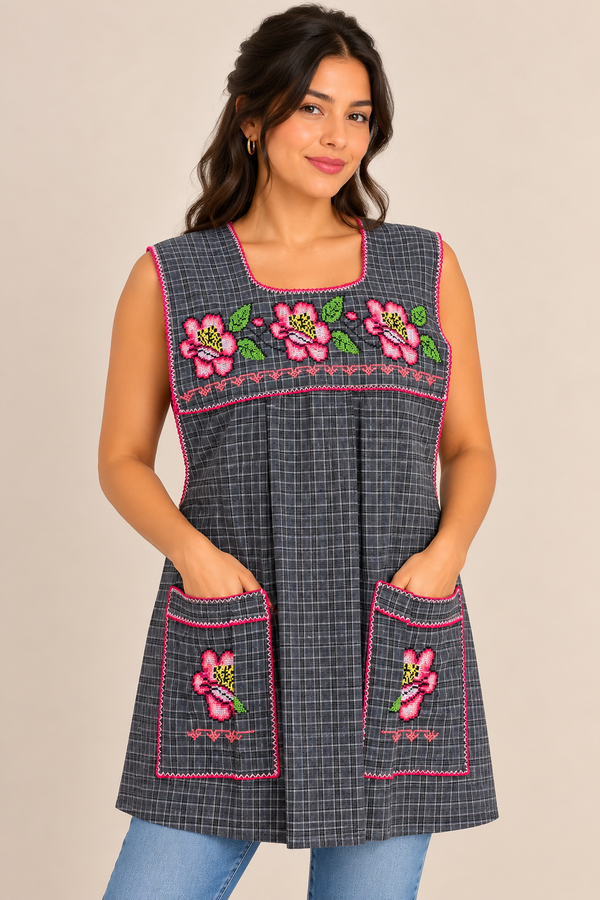 Model wearing a handmade Mexican gray plaid apron with pink floral cross-stitch embroidery, pink trim, and two front pockets.
