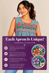 Handmade Mexican green gingham apron with floral cross-stitch embroidery and informational graphic explaining that each apron features unique embroidery designs.