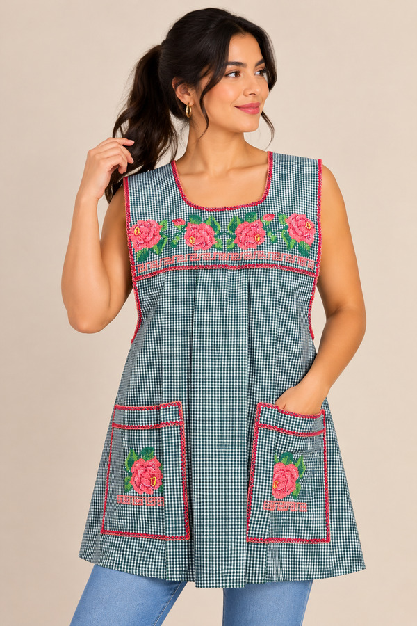Mexican handmade green gingham apron with pink floral cross-stitch embroidery, modeled with front pockets and pink trim.