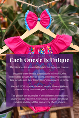 A hot pink baby bodysuit with colorful floral embroidery, hanging on a wooden hanger with a matching white bow headband. The background features lush green houseplant leaves, and a large purple text box overlays the lower half with information about customization.