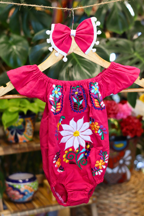 Handmade Mexican Embroidered Floral Baby Onesie – Hot Pink
