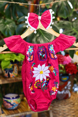 Handmade Mexican Embroidered Floral Baby Onesie – Hot Pink