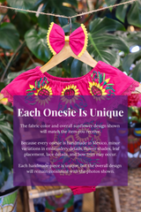 A hot pink baby bodysuit with sunflower embroidery, hanging on a wooden hanger with a matching white bow headband. The background features lush green houseplant leaves, and a large purple text box overlays the lower half with information about customization.