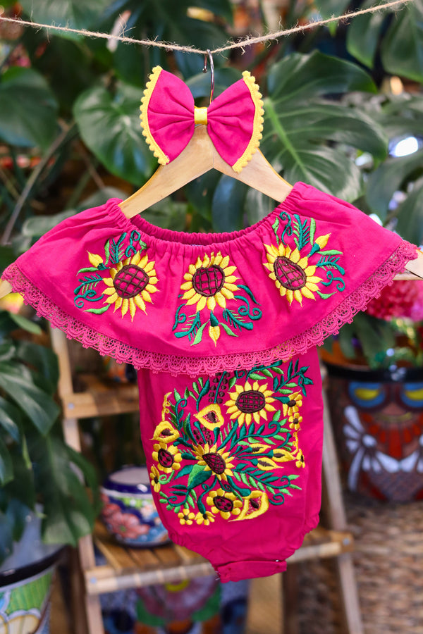 Handmade Mexican Embroidered Sunflower Baby Onesie – Hot Pink