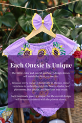 A lavender baby bodysuit with sunflower embroidery, hanging on a wooden hanger with a matching white bow headband. The background features lush green houseplant leaves, and a large purple text box overlays the lower half with information about customization.