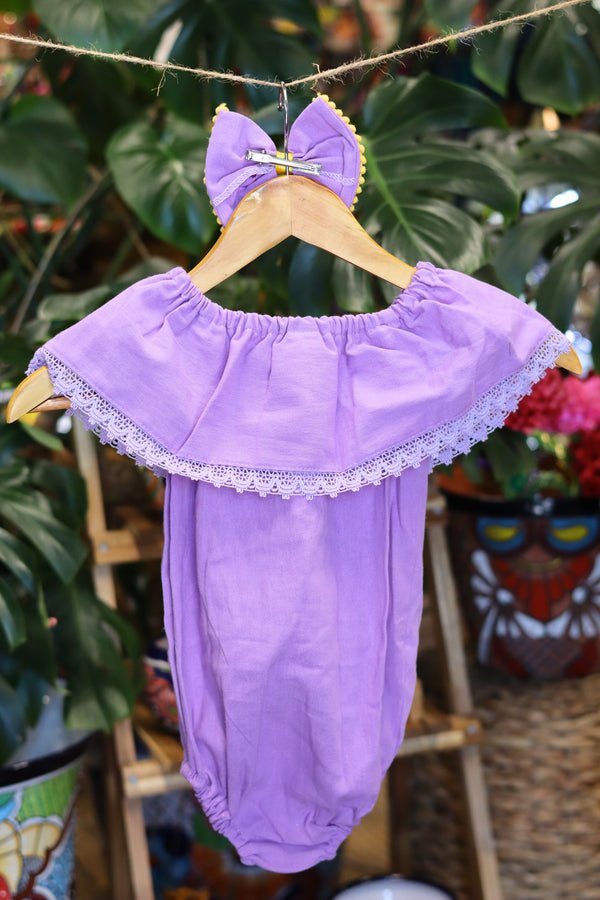 Handmade Mexican Embroidered Sunflower Baby Onesie – Lavender