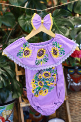 Handmade Mexican Embroidered Sunflower Baby Onesie – Lavender