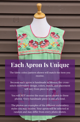 Light green gingham Mexican apron with colorful cross-stitch embroidery, front pockets, and a handmade variation disclaimer