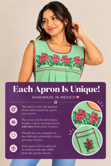 Model wearing a lime green gingham Mexican apron with an informational graphic explaining that handmade cross-stitch embroidery designs, colors, and placement vary by piece.
