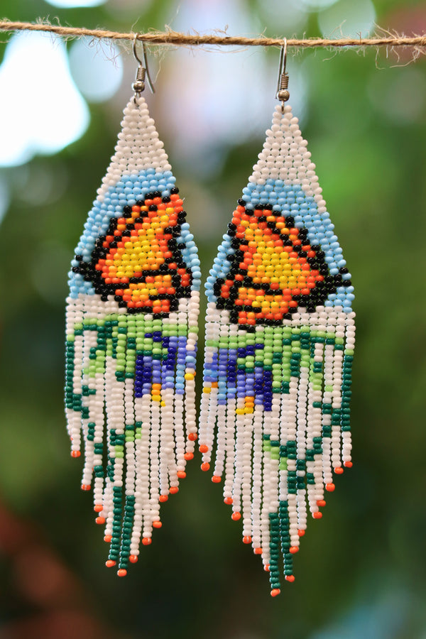 Back view of handmade Monarch butterfly beaded earrings handcrafted in Mexico.