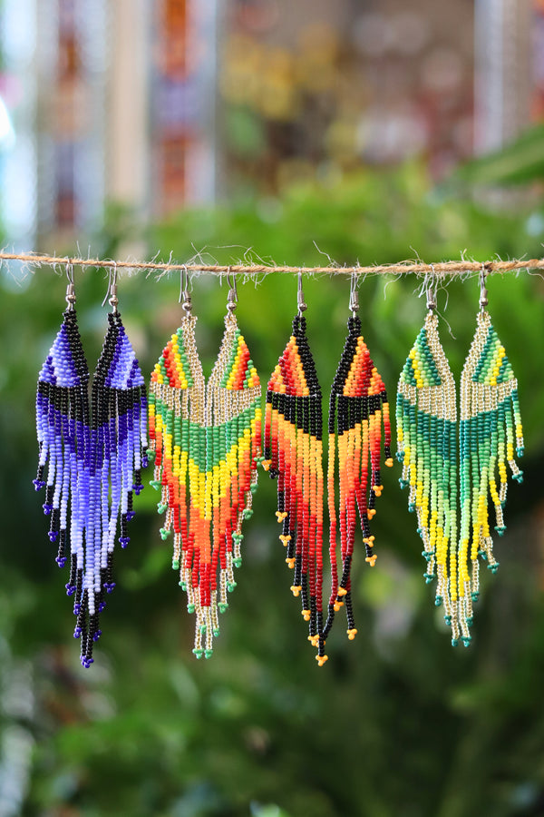 Assorted cascade fringe seed bead earrings handcrafted in Mexico.