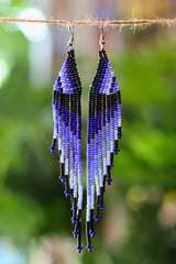 Blue cascade fringe seed bead earrings handcrafted in Mexico.