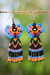 Back view of blue Catrina seed bead earrings handcrafted in Mexico.