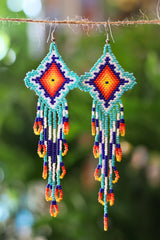 Teal diamond seed bead earrings handcrafted in Mexico.