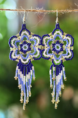 Handmade blue floral fringe beaded earrings crafted by artisan families in Mexico