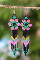 Pink flower fringe seed bead earrings handcrafted in Mexico.