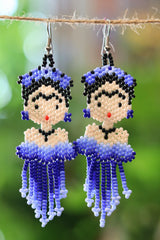 Blue Frida-inspired seed bead earrings handcrafted in Mexico.