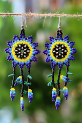 Blue sun dreamcatcher seed bead earrings handcrafted in Mexico.