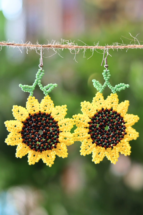 Back view of handmade sunflower beaded earrings