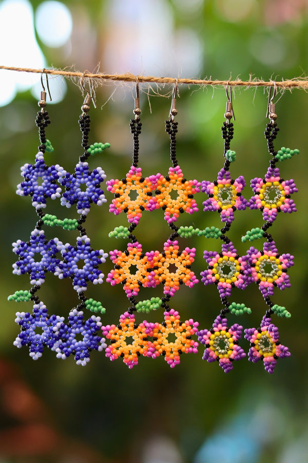 Assorted three flowers seed bead earrings handcrafted in Mexico.