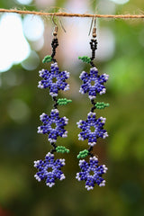 Blue three flowers seed bead earrings handcrafted in Mexico.