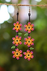 Pink three flowers seed bead earrings handcrafted in Mexico.