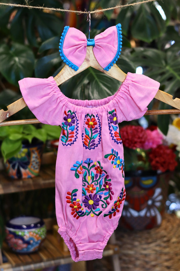 Handmade Mexican Embroidered Floral Baby Onesie – Pink